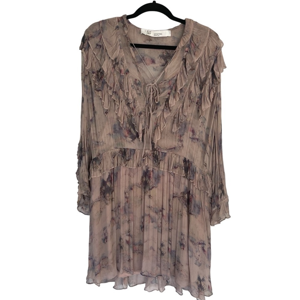 IRO Banon Floral Mini Blouson Dress Ruffles V-Neck Lace Up Size 44 - Picture 4 of 16